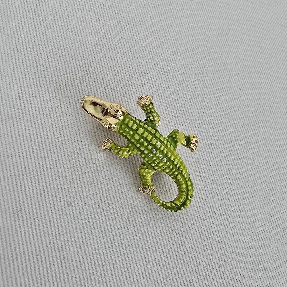 Vintage Gold & Green Enamel Crocodile Mini Brooch